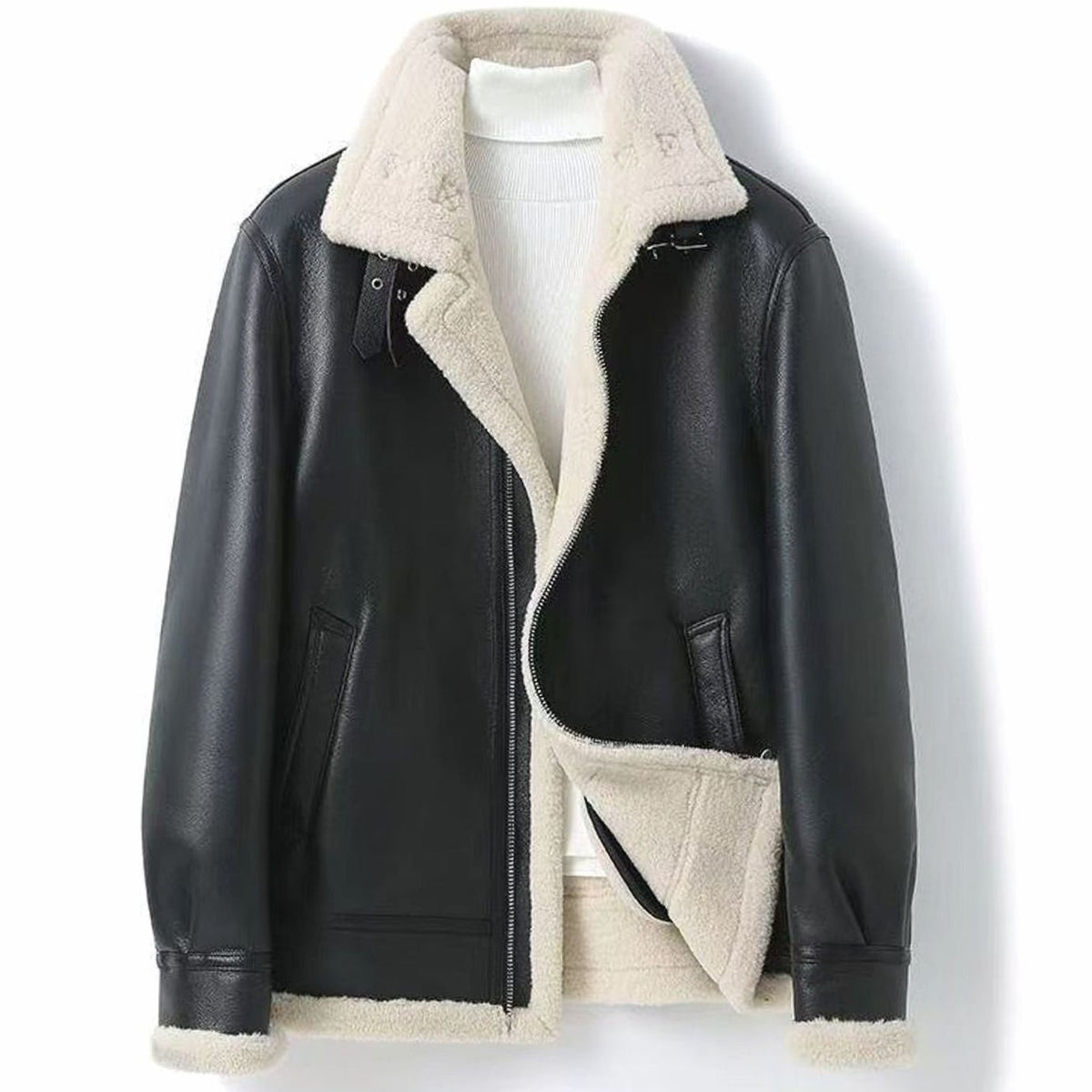 Chaqueta de aviador con acabado de cuero para hombre, forrada de borreguito