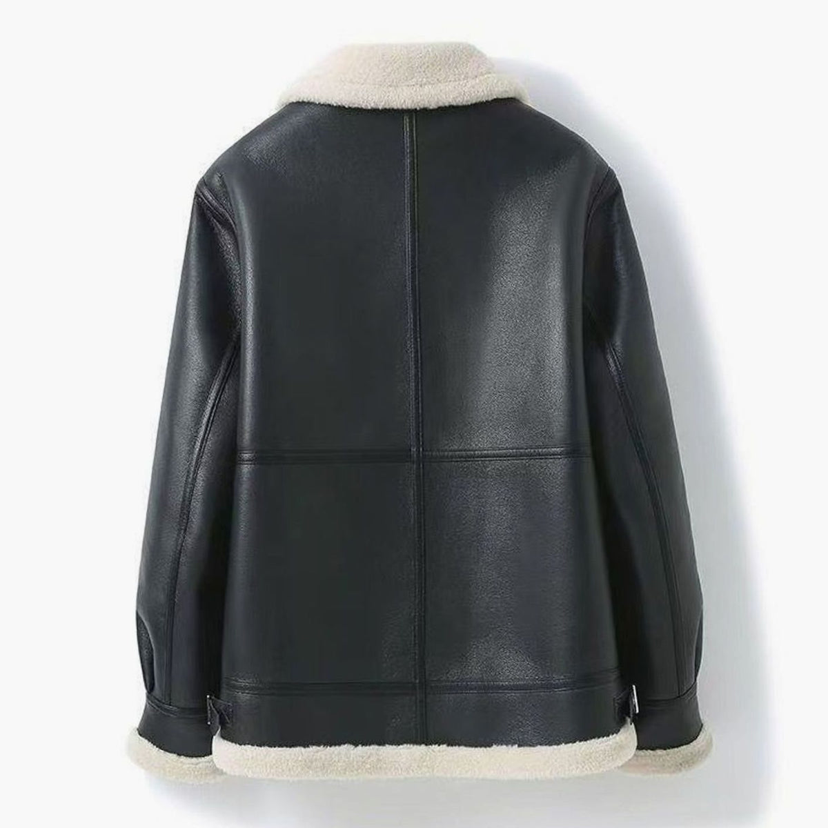 Chaqueta de aviador con acabado de cuero para hombre, forrada de borreguito