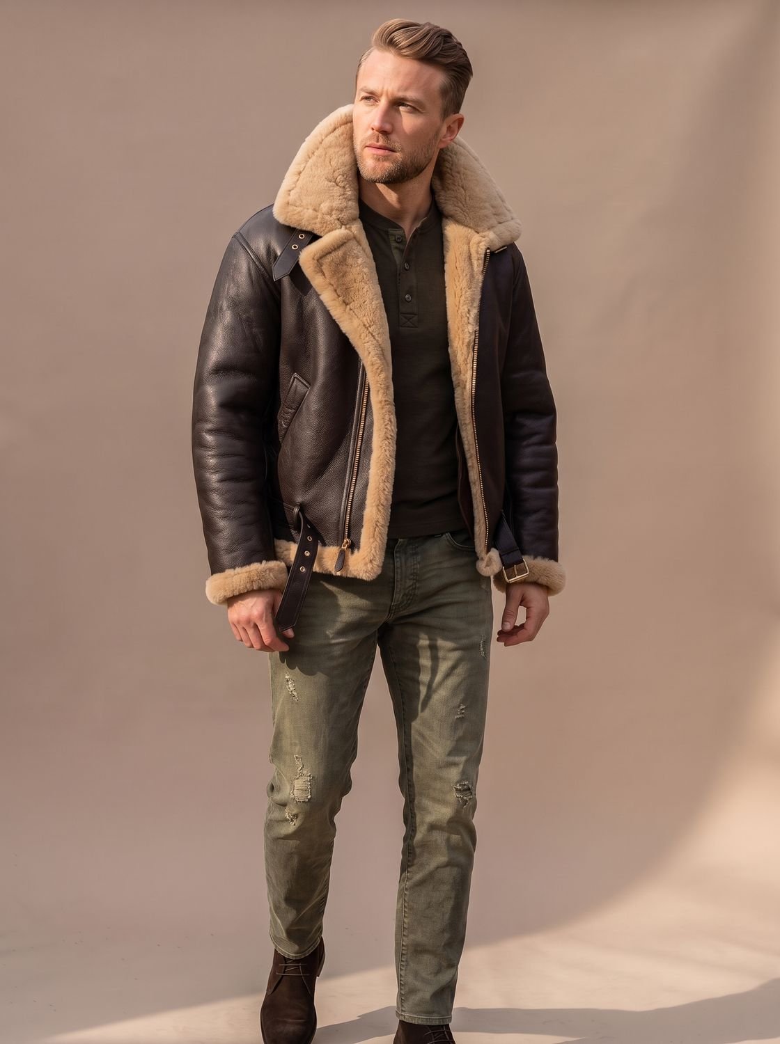 Archie | Chaqueta bomber de cuero de piel de oveja para hombre, estilo aviador y cuello de borreguito