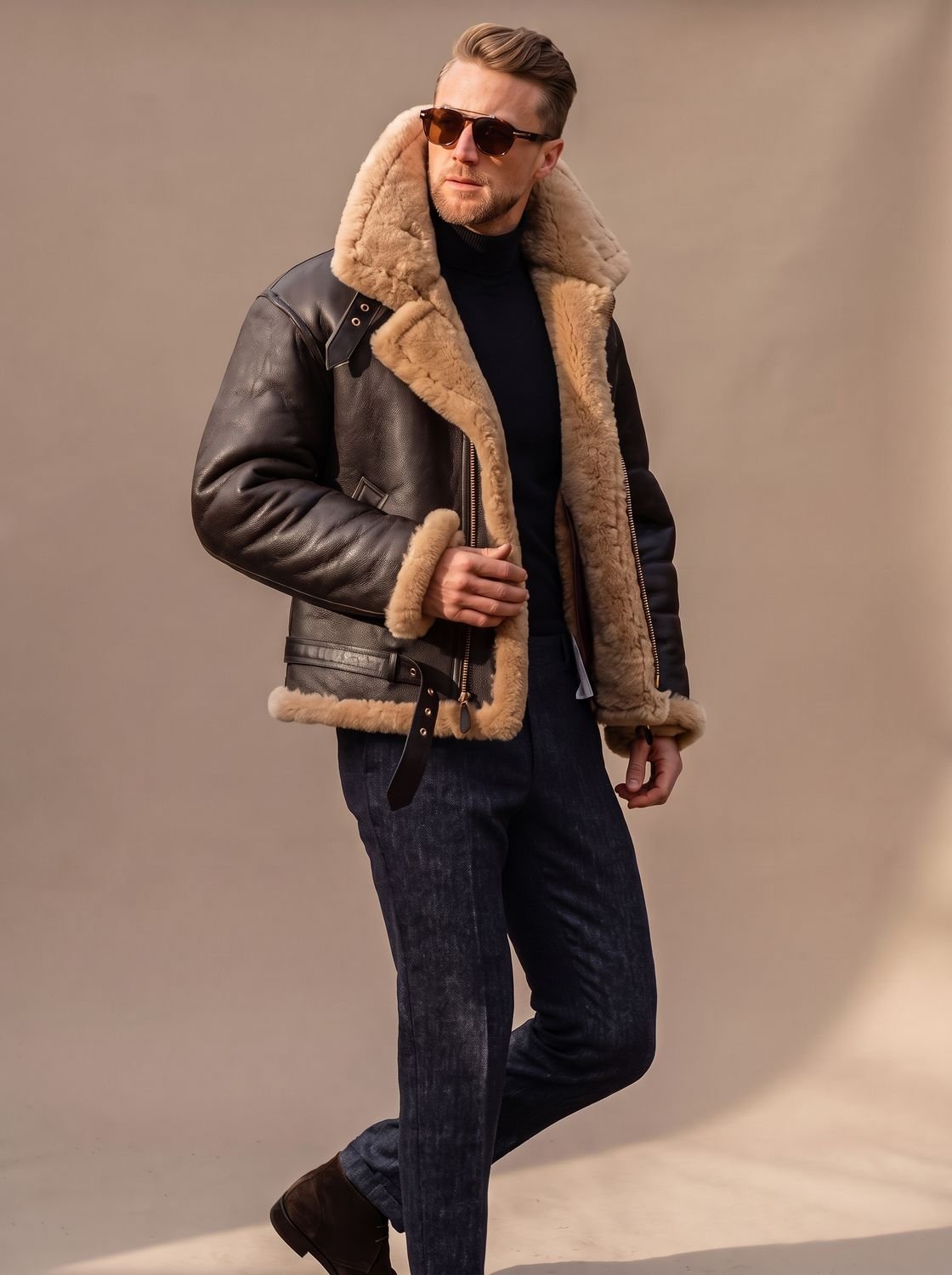 Archie | Chaqueta bomber de cuero de piel de oveja para hombre, estilo aviador y cuello de borreguito