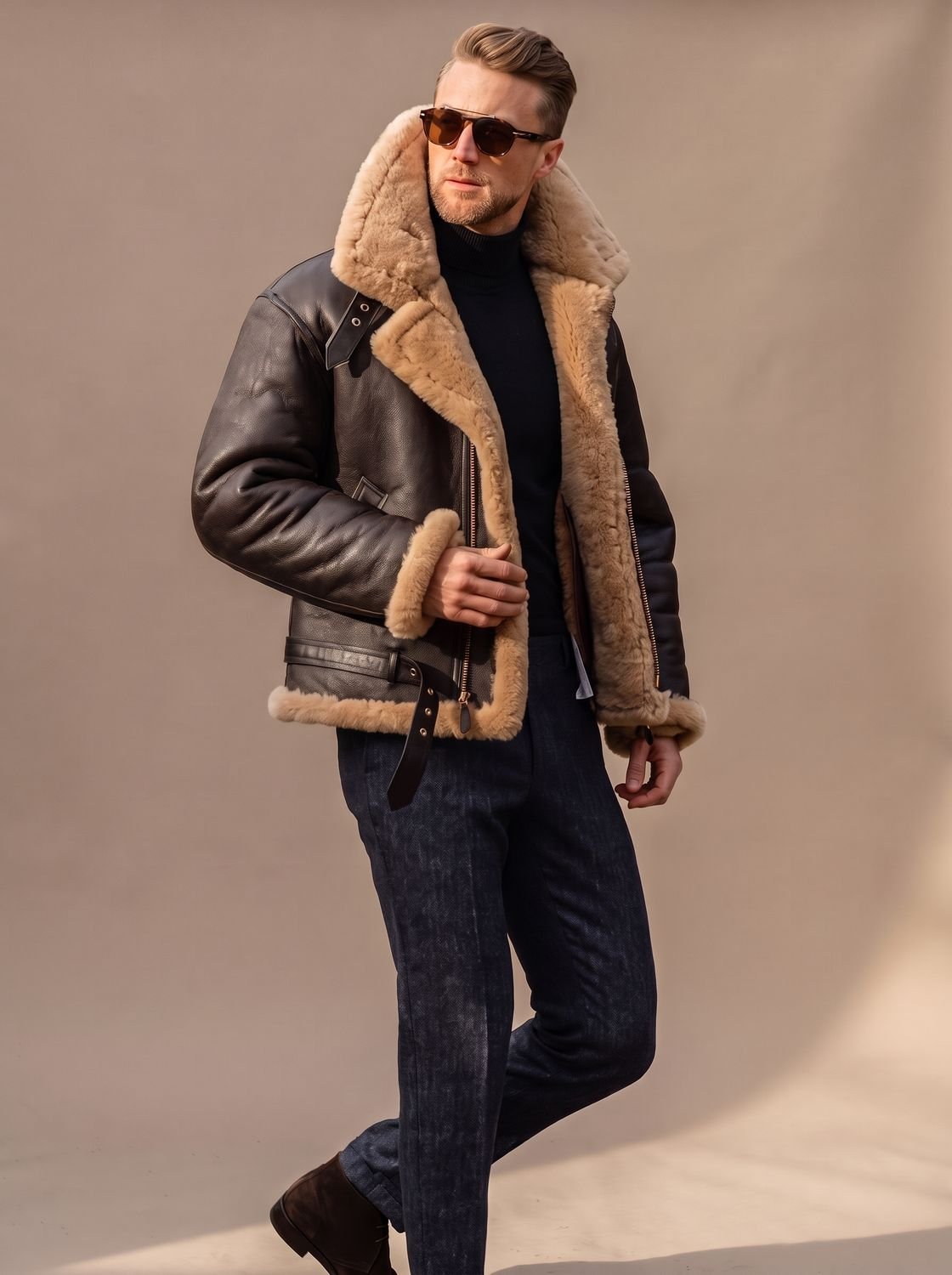 Archie | Chaqueta bomber de cuero de piel de oveja para hombre, estilo aviador y cuello de borreguito
