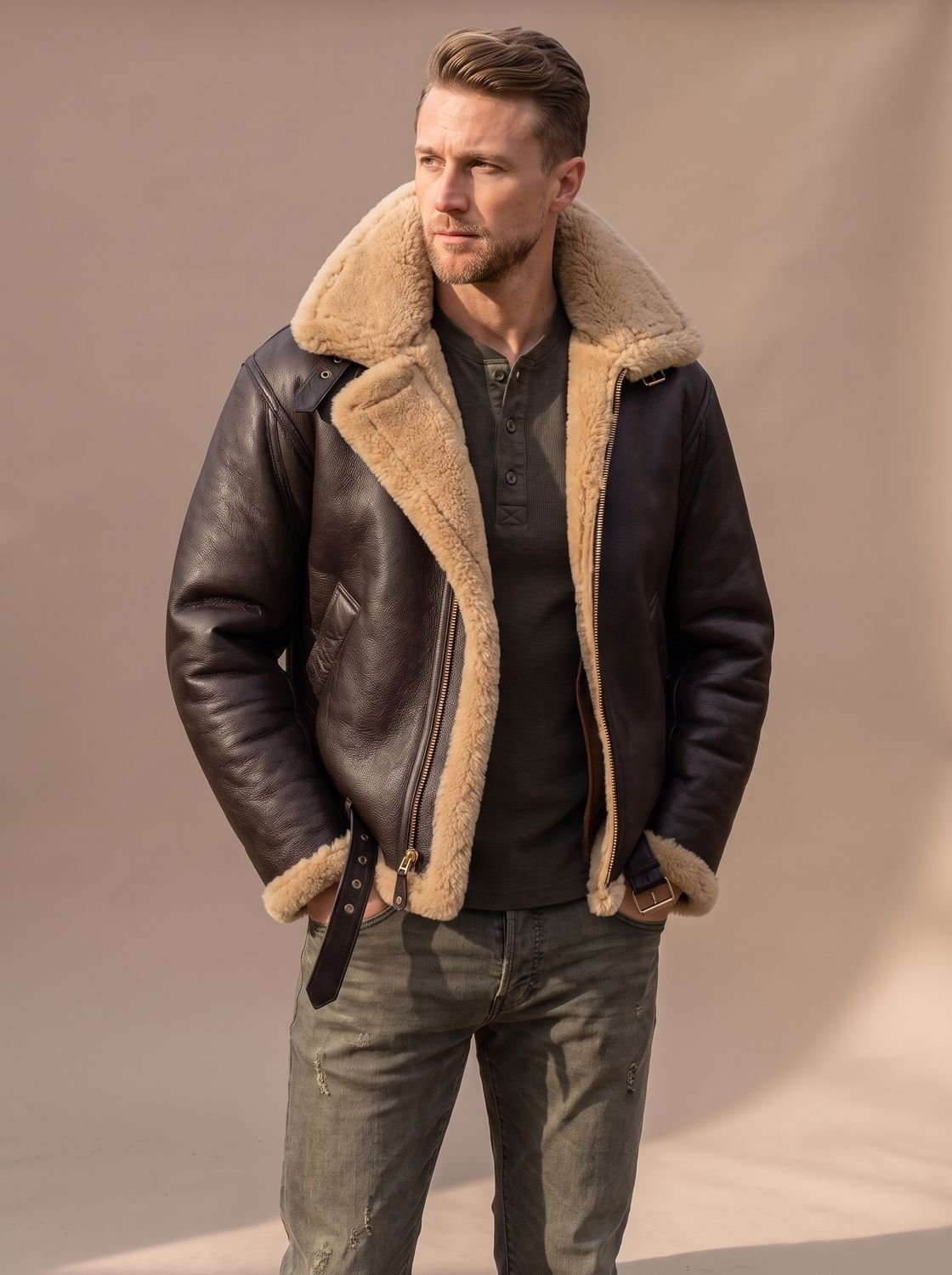 Archie | Chaqueta bomber de cuero de piel de oveja para hombre, estilo aviador y cuello de borreguito