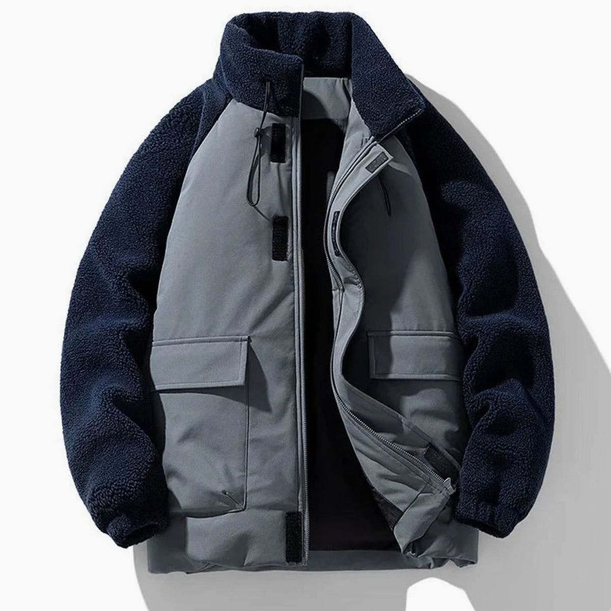 Chaqueta de invierno para hombre, con bloques de color de borreguito y cremallera