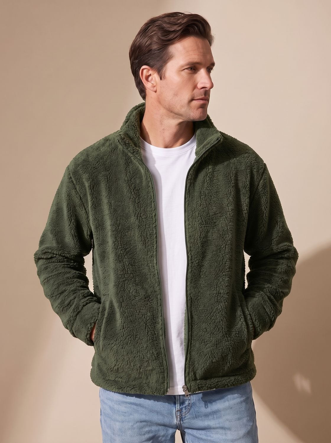 Noah | Chaqueta de felpa sherpa para hombre, con cremallera completa y cuello alzado