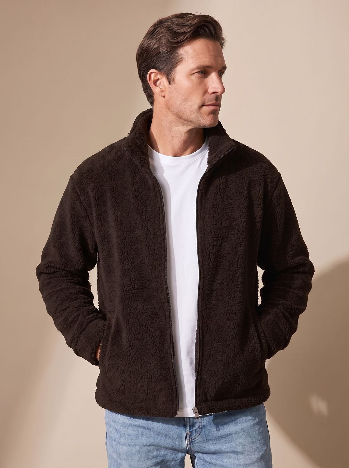 Noah | Chaqueta de felpa sherpa para hombre, con cremallera completa y cuello alzado