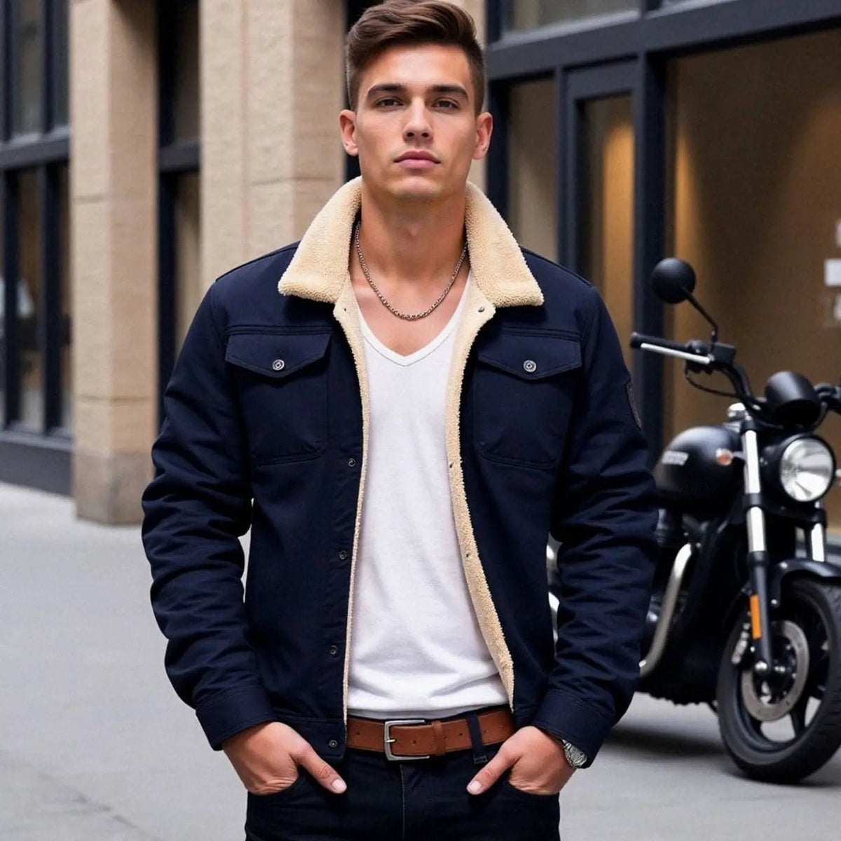 Chaqueta de invierno de corte holgado para hombre, forrada de borreguito y con botones a presión
