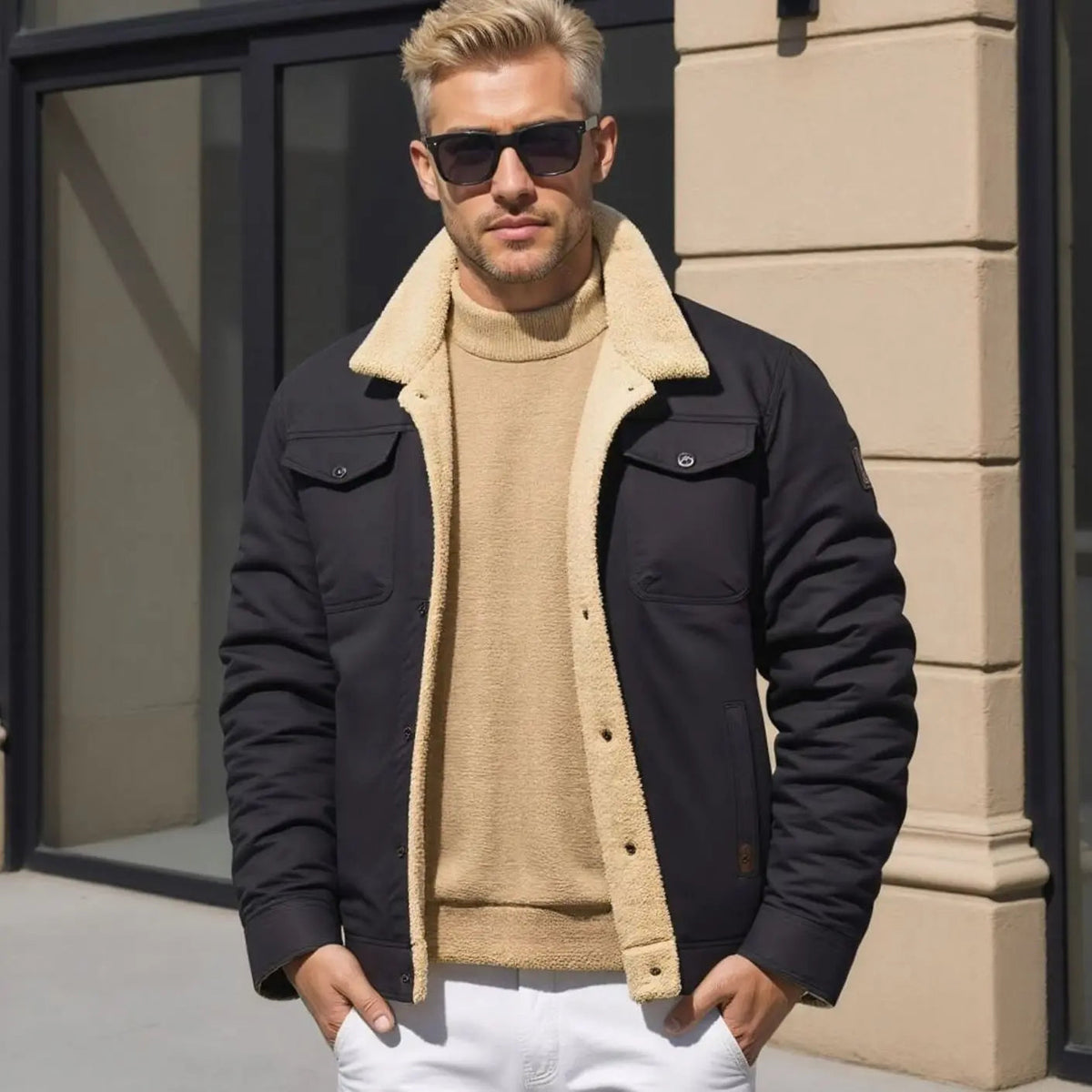 Chaqueta de invierno de corte holgado para hombre, forrada de borreguito y con botones a presión