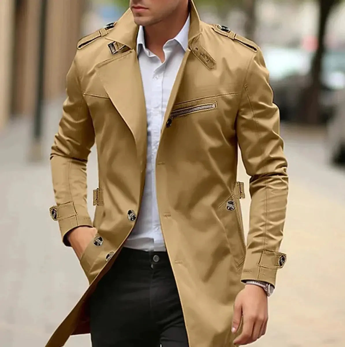 Chaqueta tipo gabardina de lana con cinturón y corte entallado para hombre