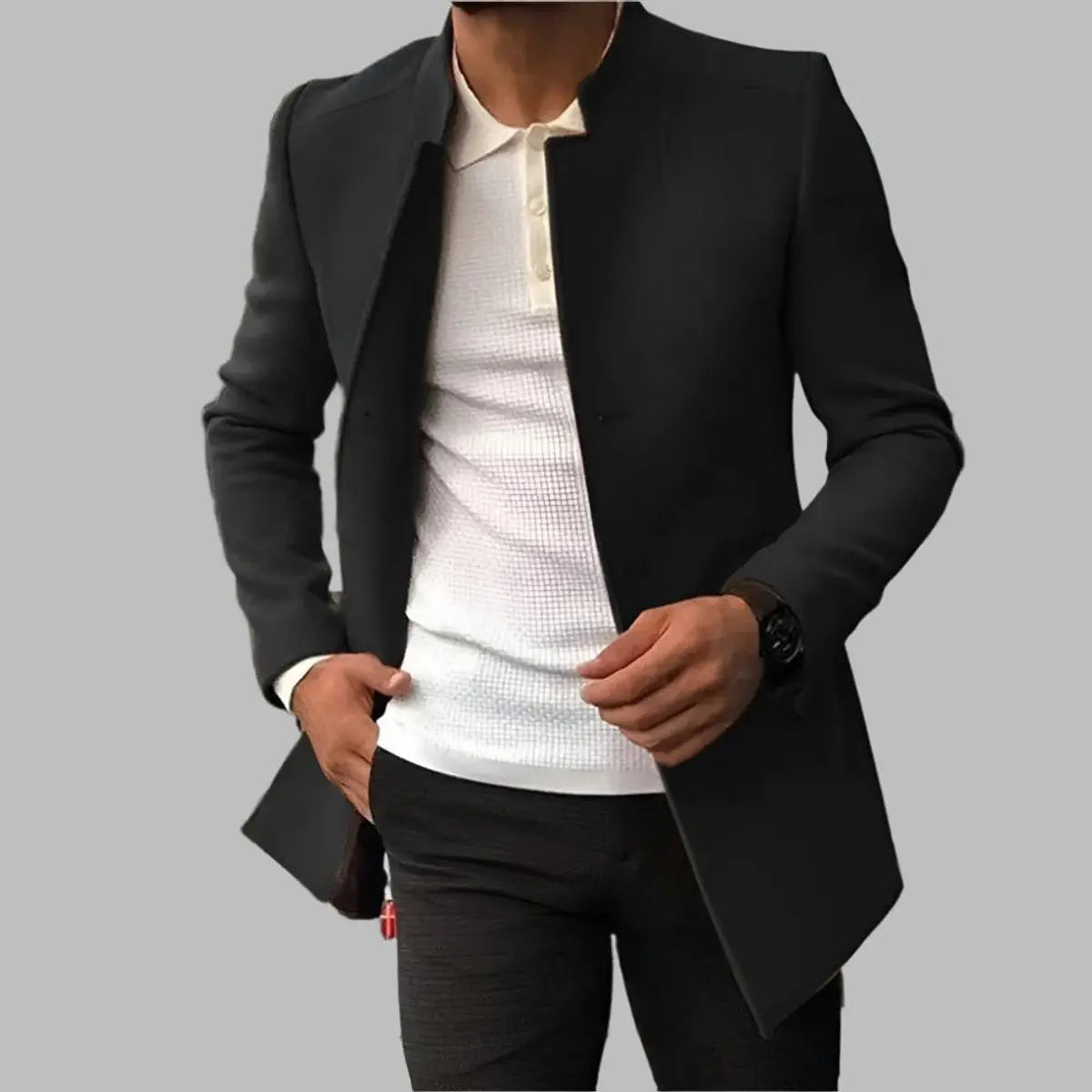 Abrigo elegante de lana de corte entallado para hombre, sin cuello