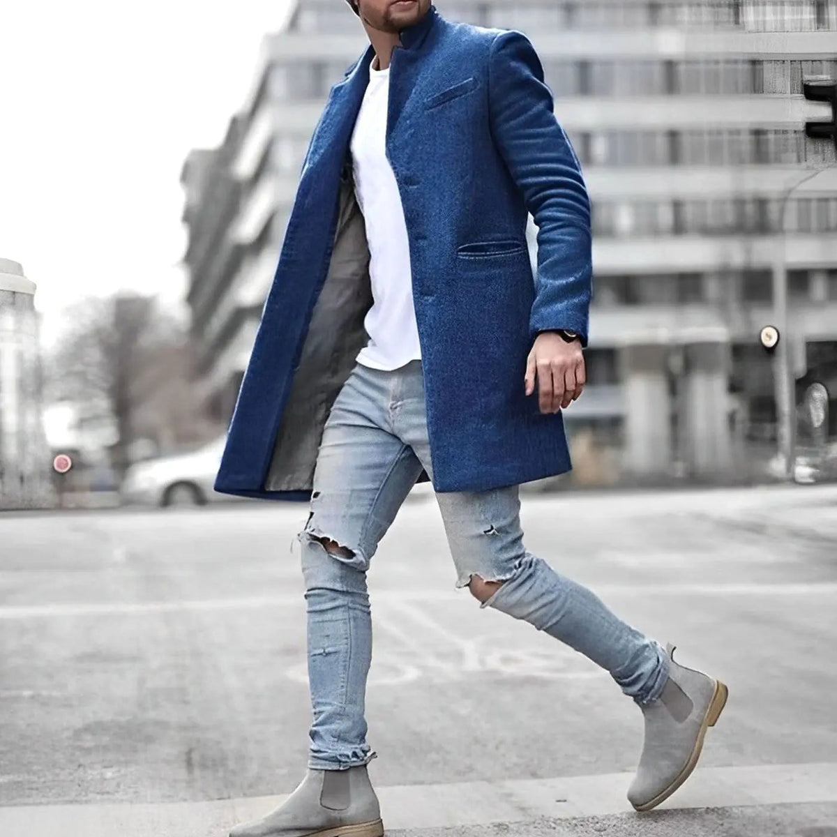Abrigo de longitud media para hombre, entallado, con cuello alto y mezcla de lana