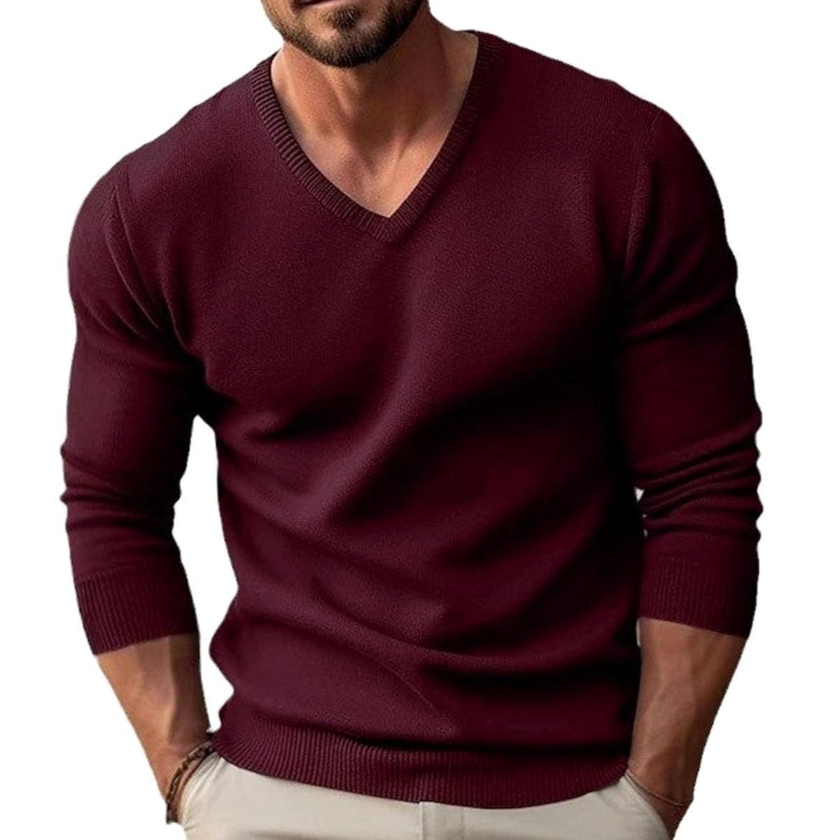 Jersey de punto fino elástico para hombre, entallado, con cuello de pico y puños acanalados