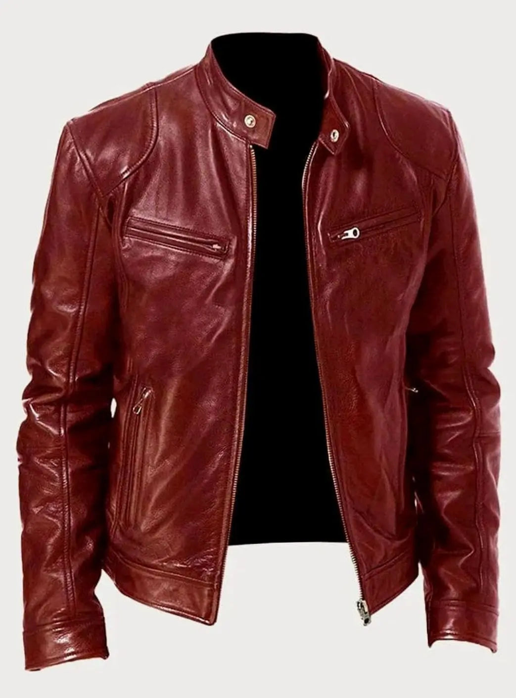 Chaqueta de estilo motero de cuero para hombre, entallada y con cierre