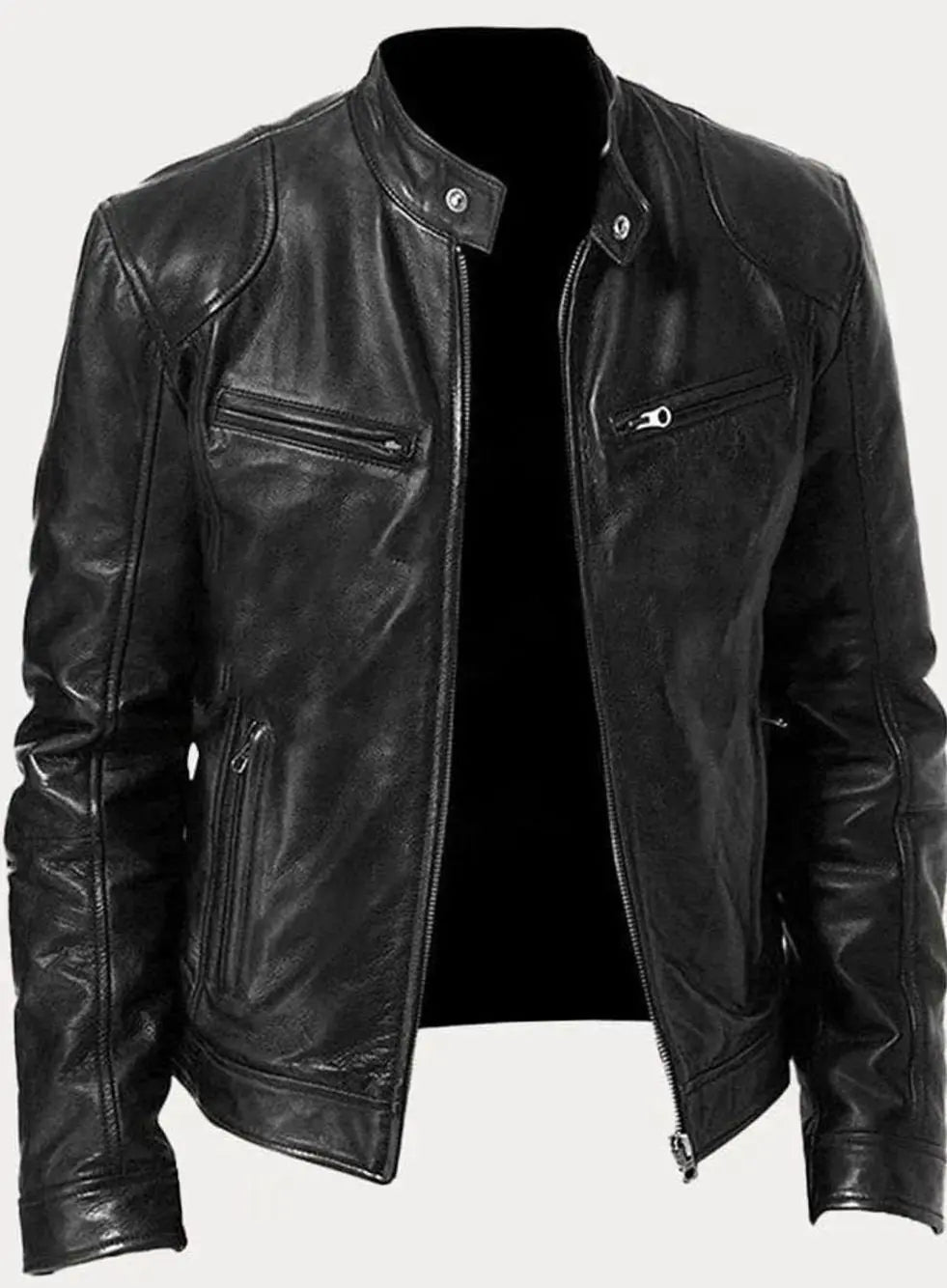 Chaqueta de estilo motero de cuero para hombre, entallada y con cierre
