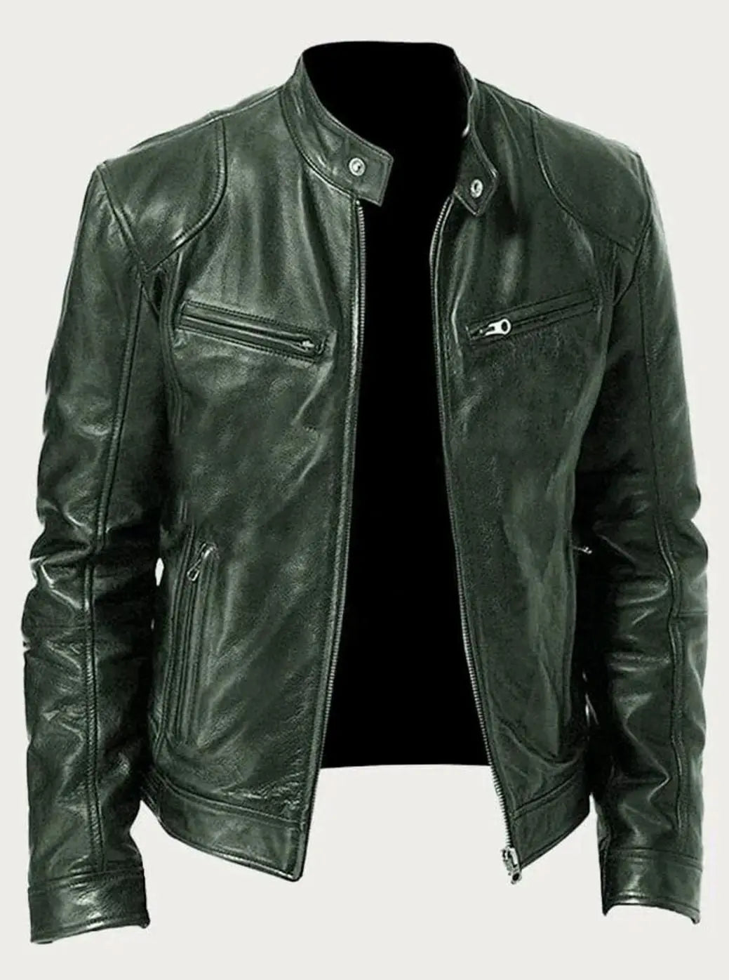 Chaqueta de estilo motero de cuero para hombre, entallada y con cierre