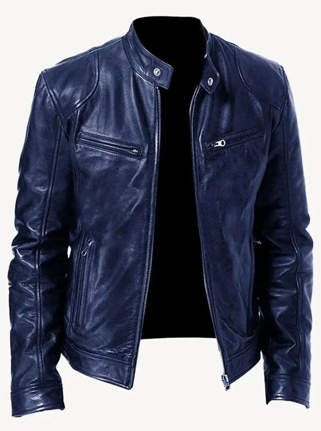 Chaqueta de estilo motero de cuero para hombre, entallada y con cierre