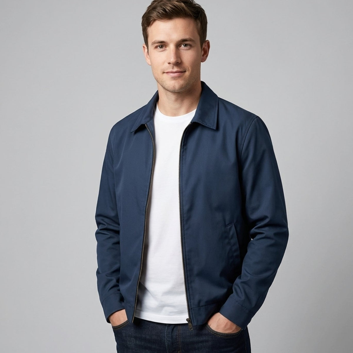 Chaqueta Harrington elegante e informal para hombre, con forro de cuadros y cierre frontal