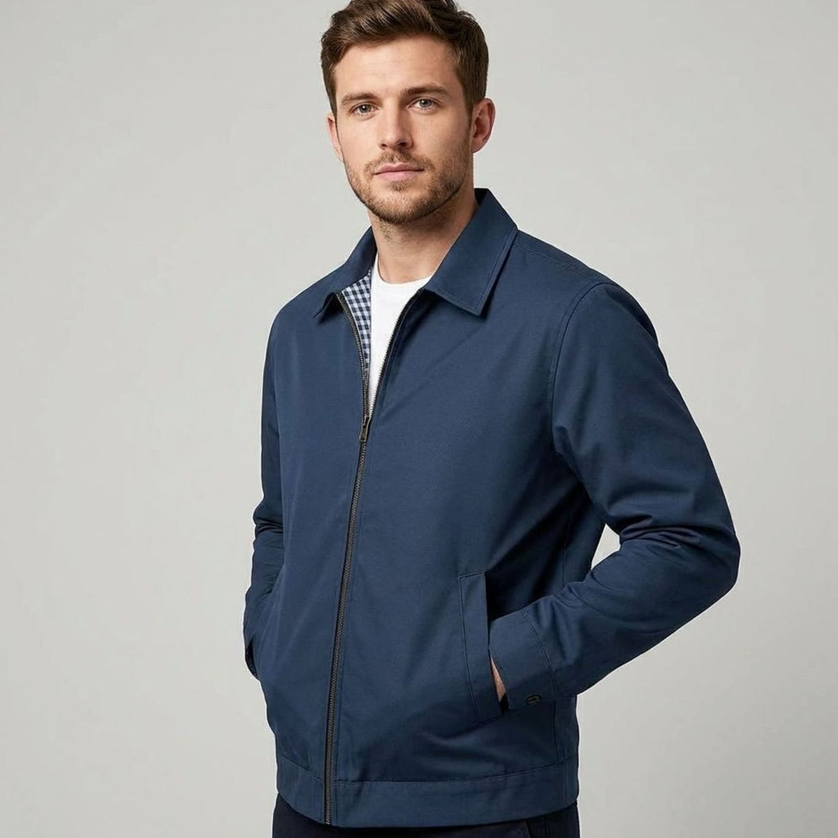 Chaqueta Harrington elegante e informal para hombre, con forro de cuadros y cierre frontal