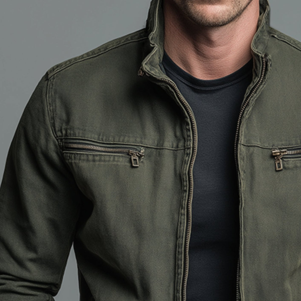 Chaqueta bomber entallada para hombre, con cuello alto y cierre completo