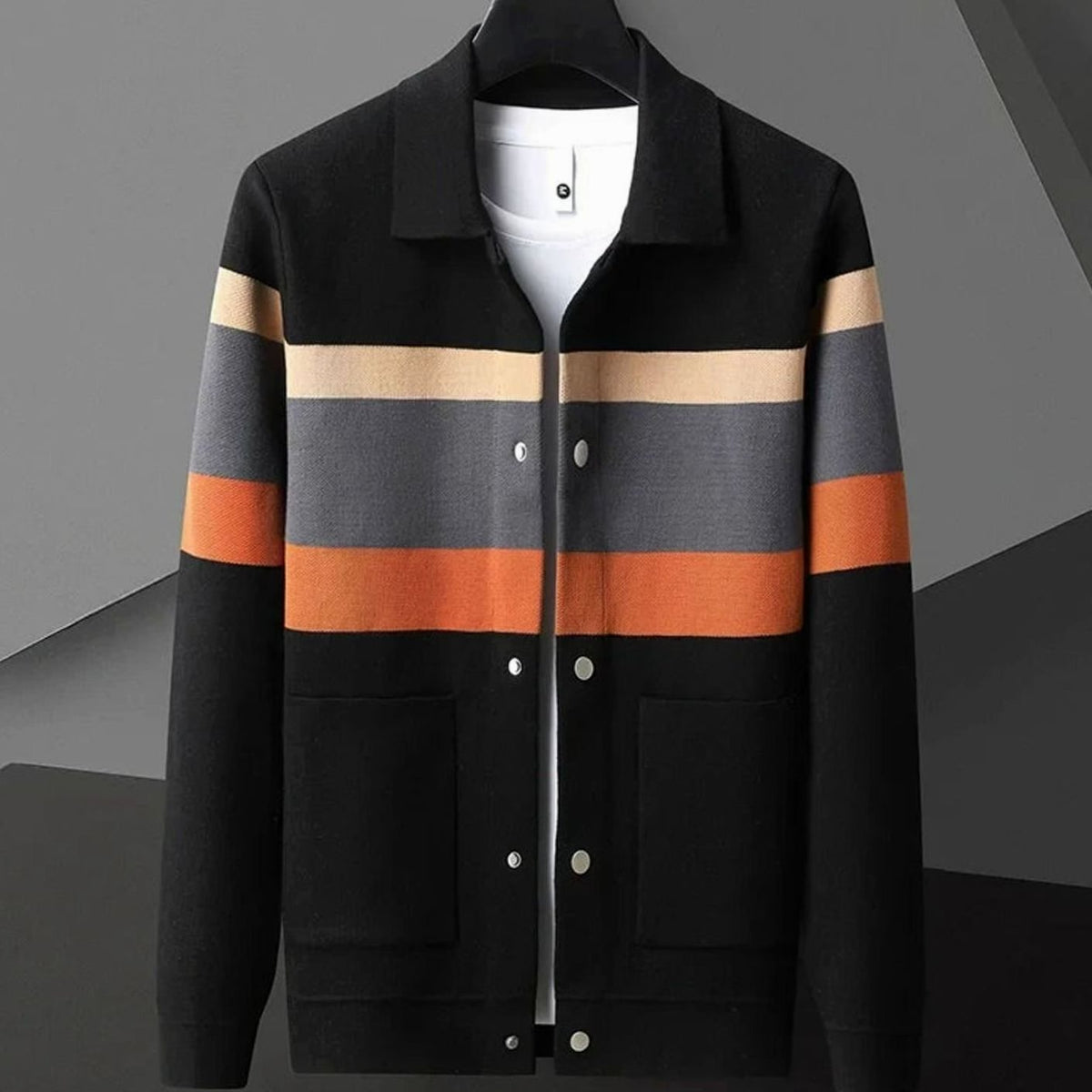 Chaqueta de cárdigan de punto de algodón grueso a rayas para hombre, con botones frontales