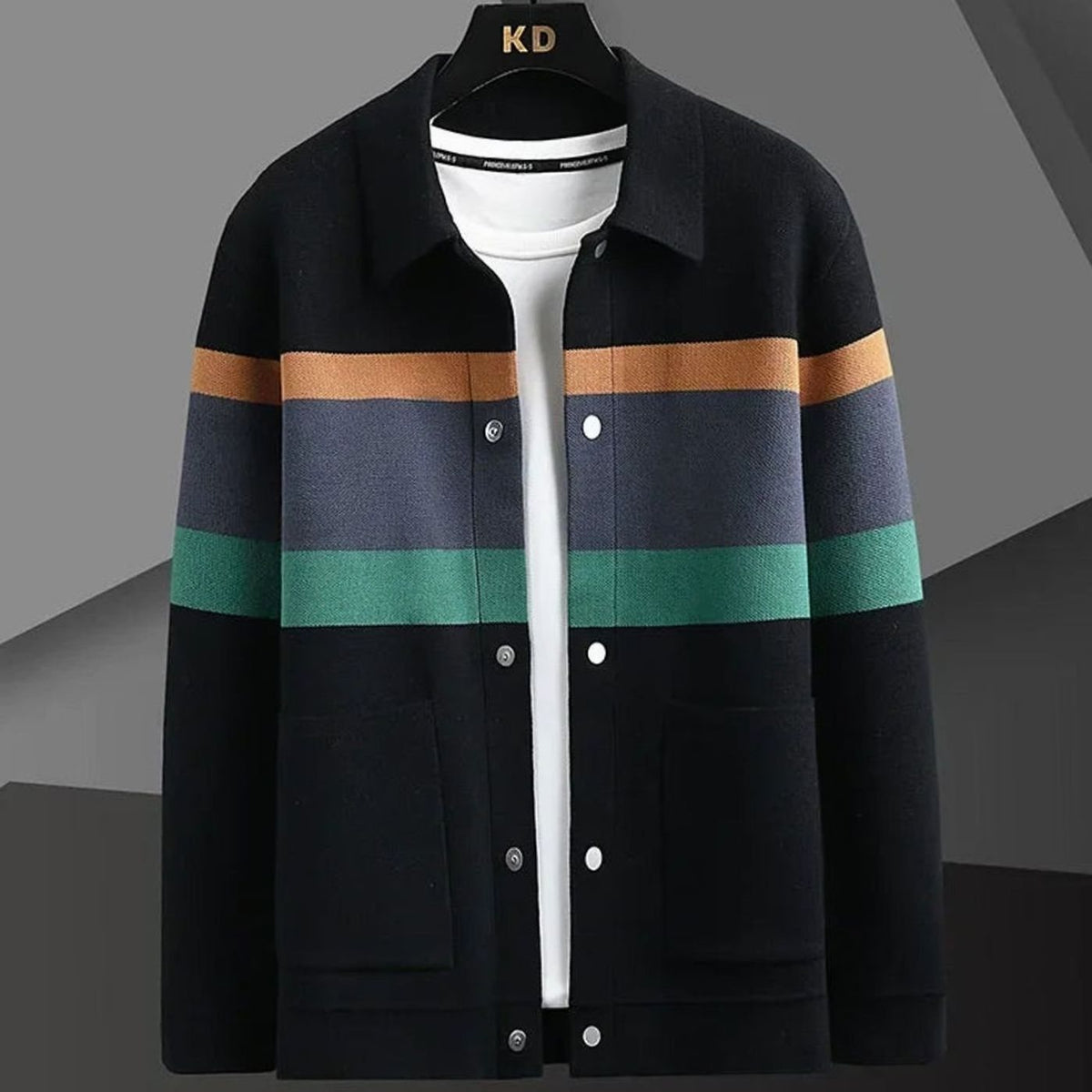Chaqueta de cárdigan de punto de algodón grueso a rayas para hombre, con botones frontales