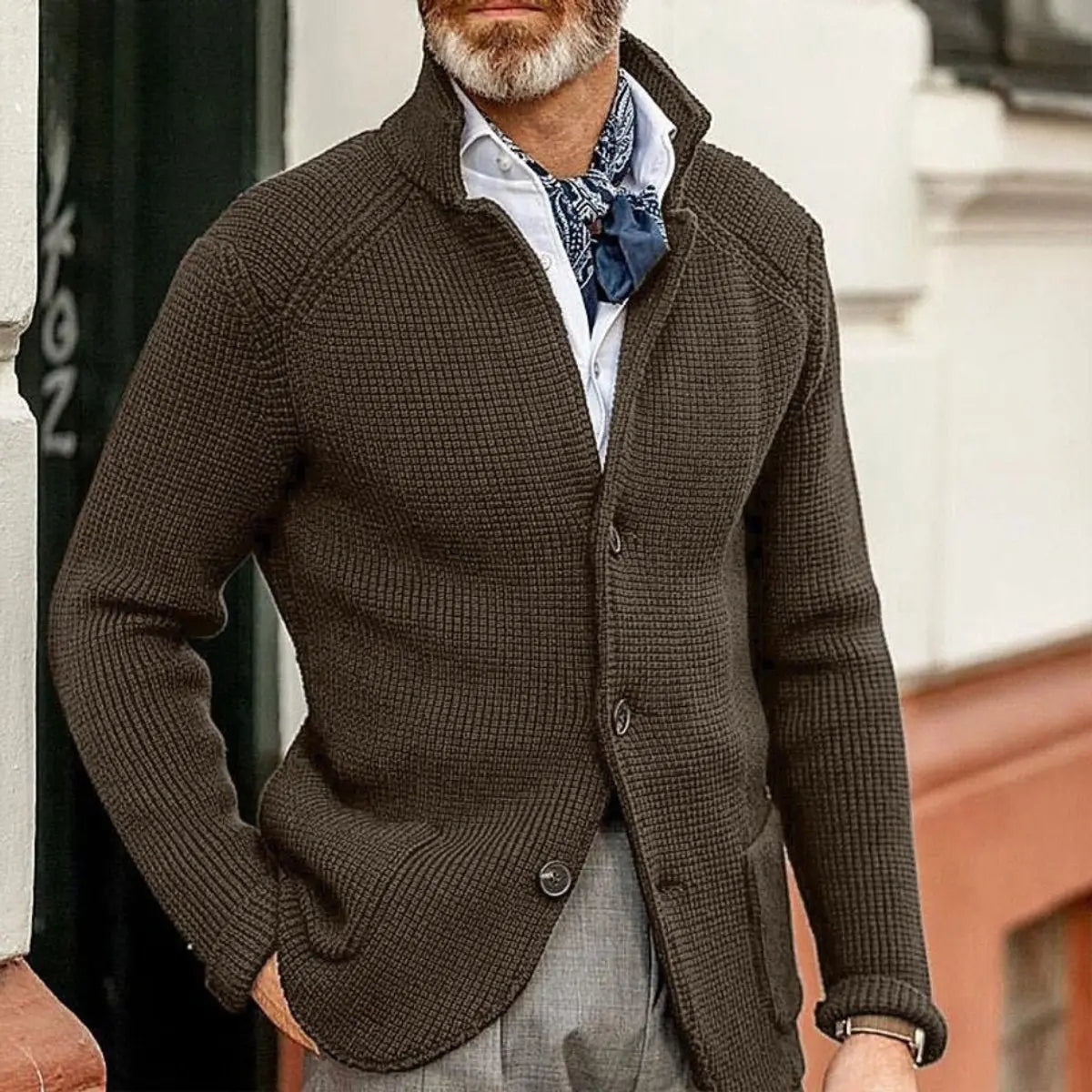 Cárdigan de punto waffle con botones para hombre, de corte holgado