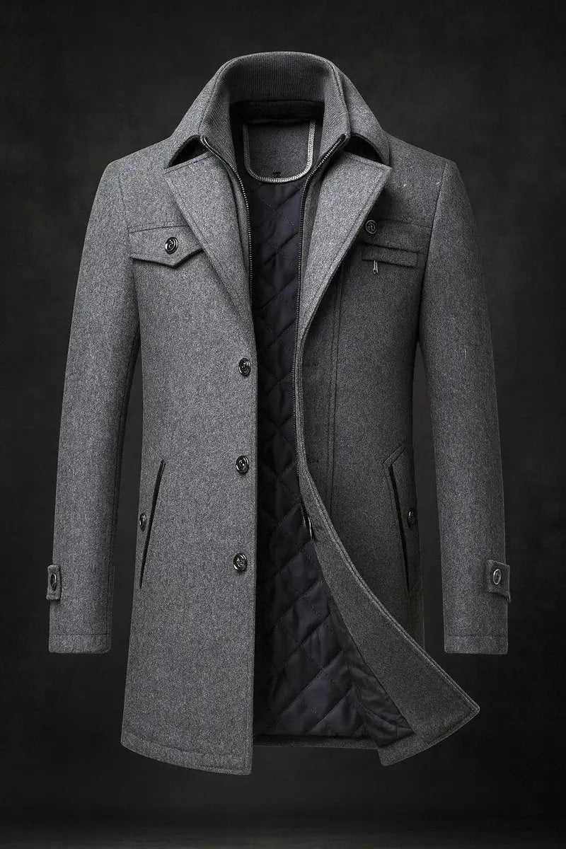 Abrigo largo de lana para hombre, con doble cuello y forro acolchado