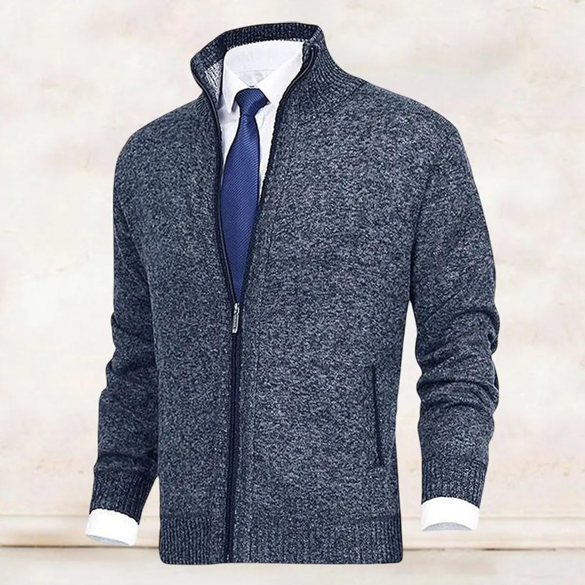 Cárdigan de punto para hombre, con cierre, forro polar y cuello alto