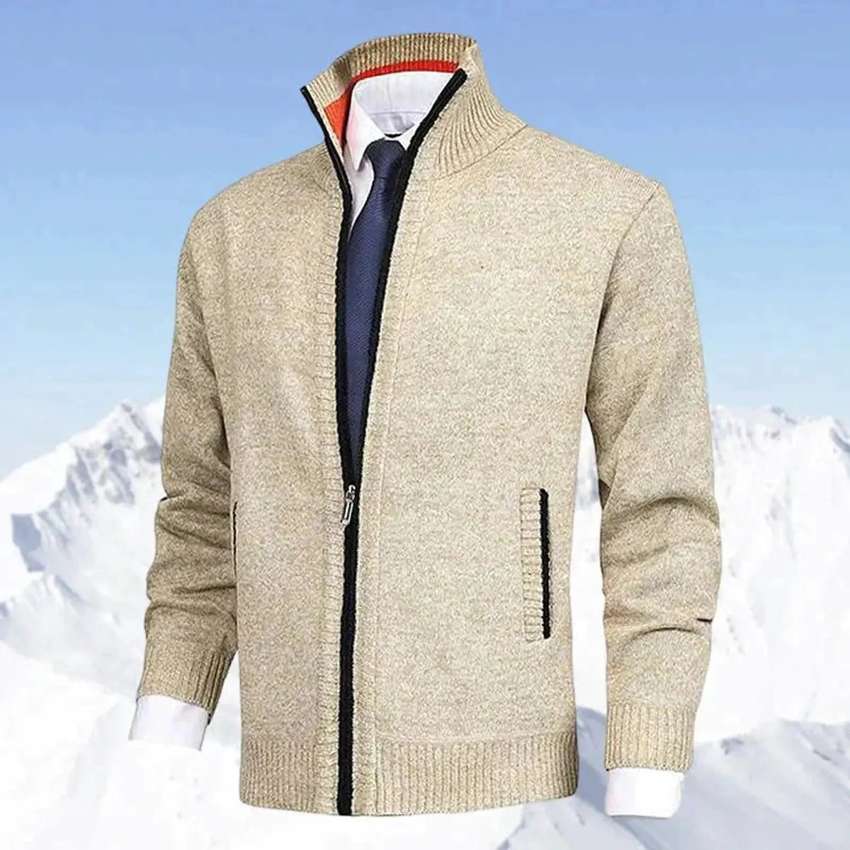 Cárdigan de punto para hombre, con cierre, forro polar y cuello alto