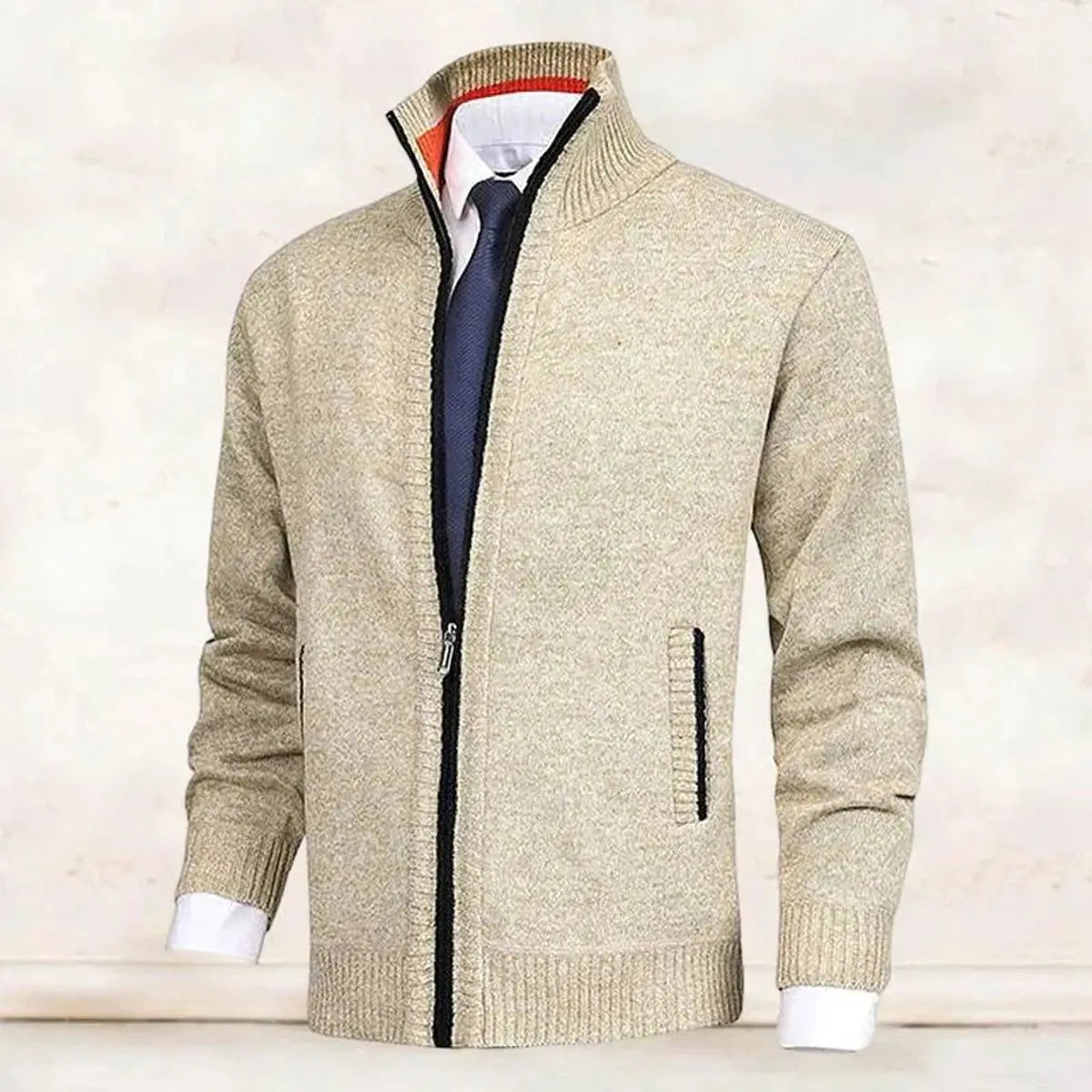 Cárdigan de punto para hombre, con cierre, forro polar y cuello alto