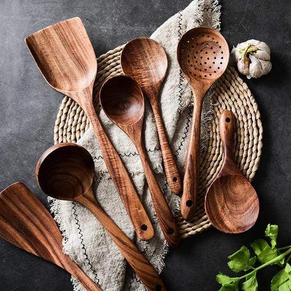 Set rústico de utensilios de cocina de madera natural resistente al calor
