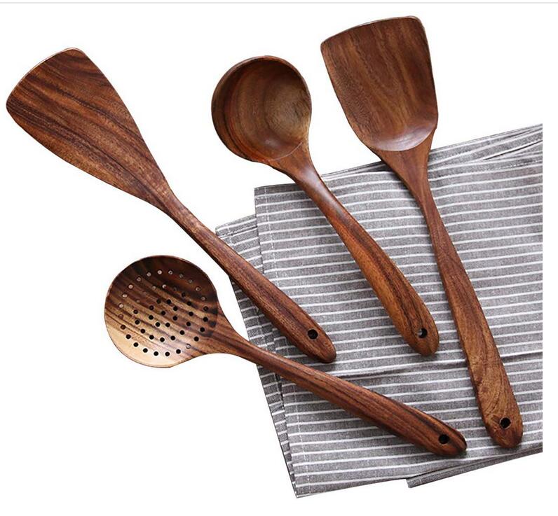 Set rústico de utensilios de cocina de madera natural resistente al calor