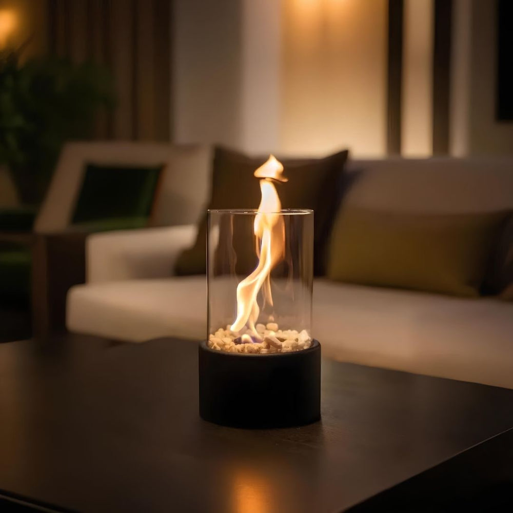 Lámpara de mesa con cilindro de vidrio clásico, llama y aceite