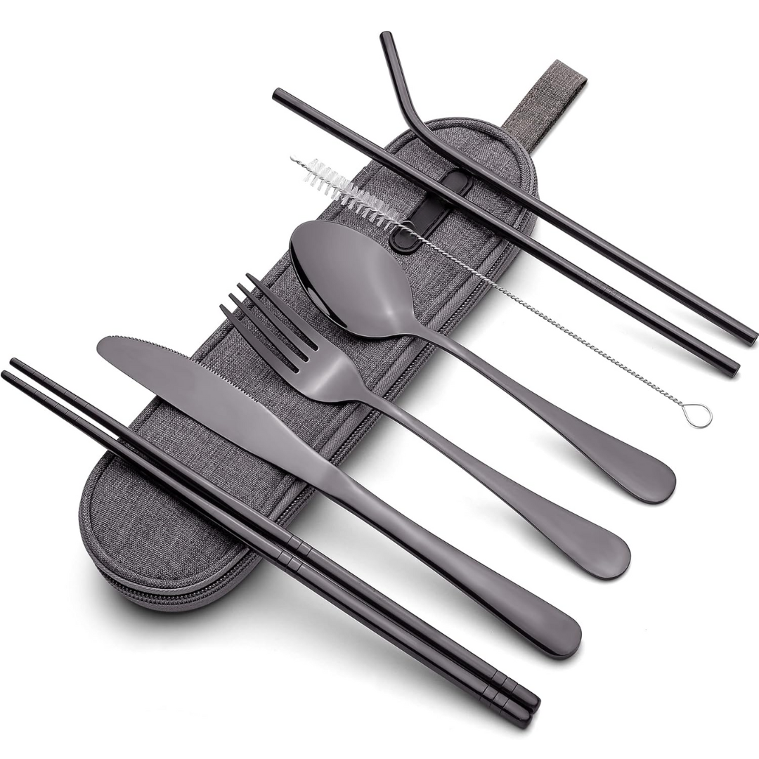 Set compacto y ligero de cubiertos de viaje de acero inoxidable, en estuche impermeable