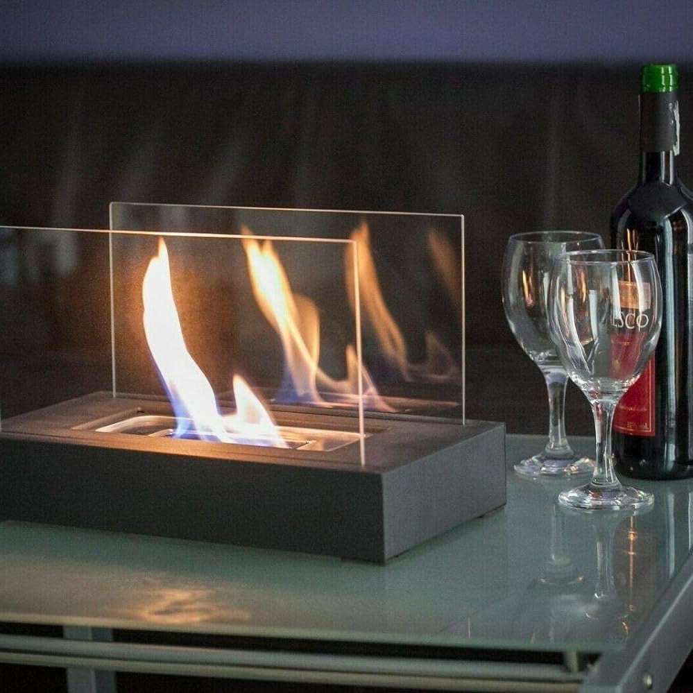 Lámpara de mesa con chimenea portátil, vidrio rectangular y base metálica para pared