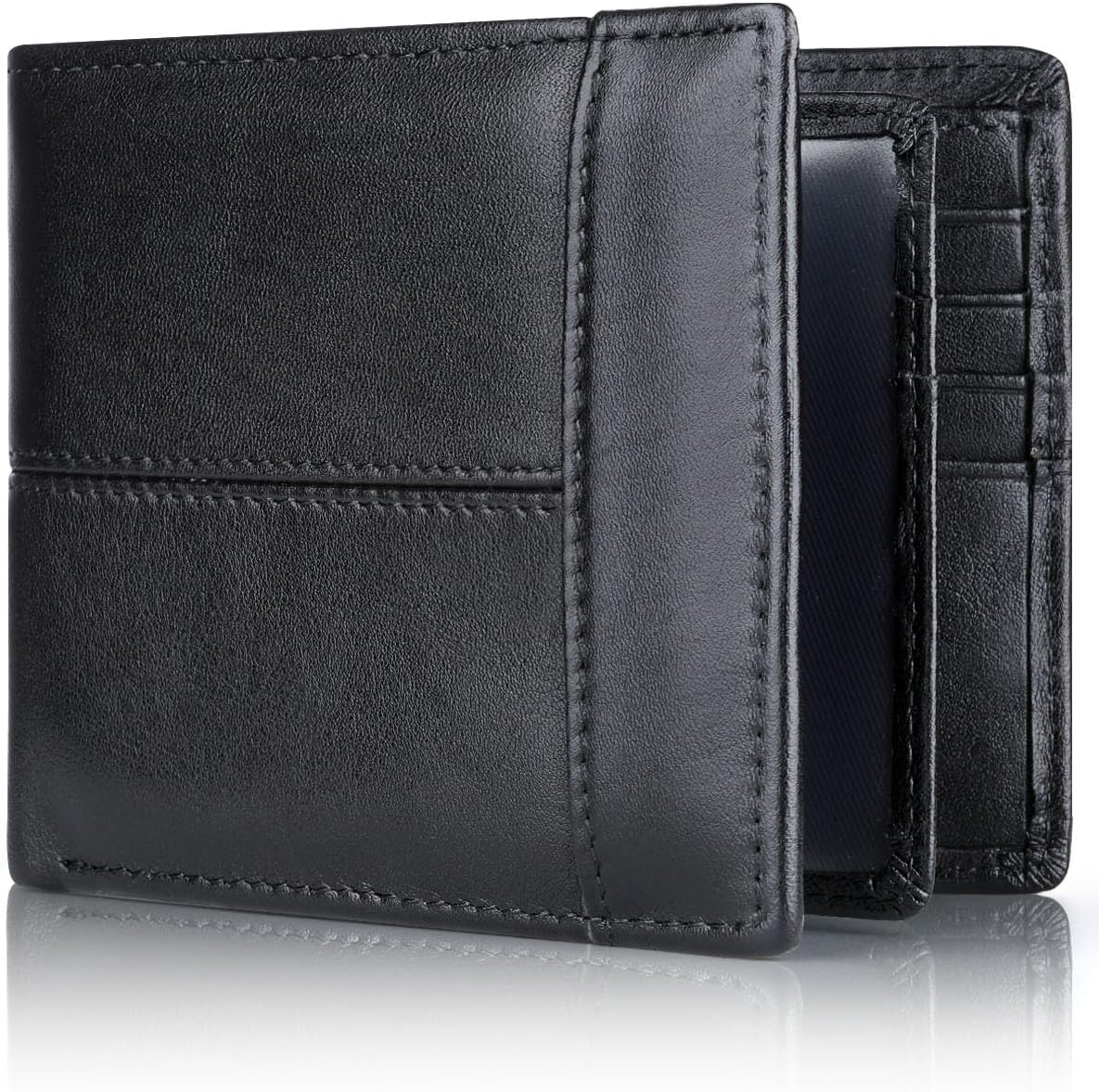 Cartera delgada de cuero genuino, plegable en dos y con bloqueo RFID para varias tarjetas