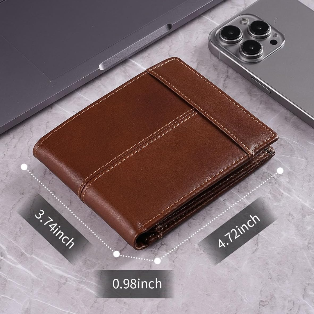 Cartera delgada de cuero genuino, plegable en dos y con bloqueo RFID para varias tarjetas
