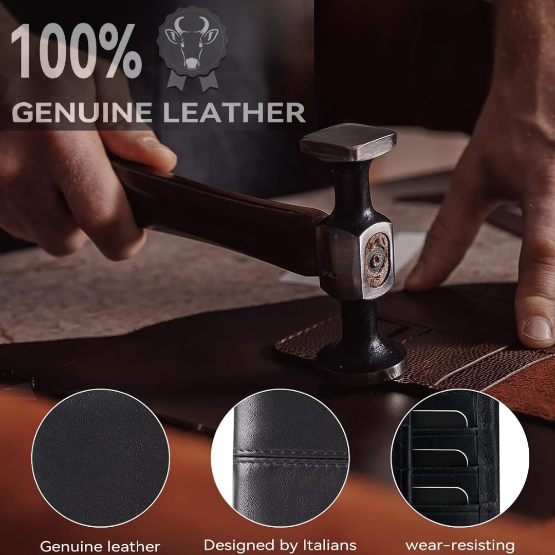 Cartera delgada de cuero genuino, plegable en dos y con bloqueo RFID para varias tarjetas