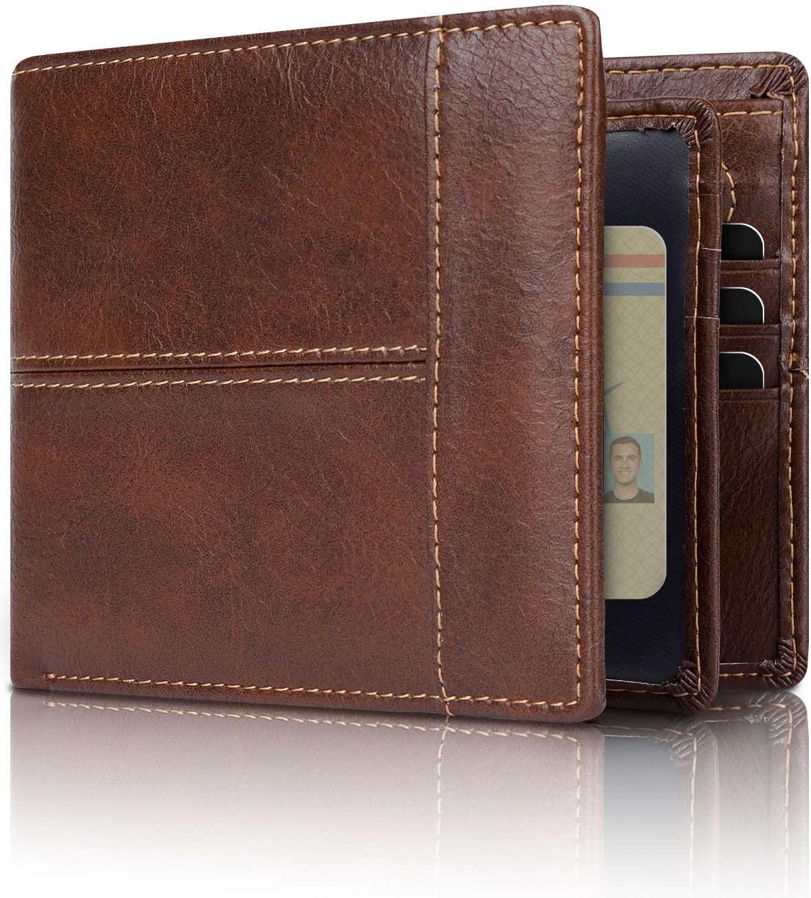 Cartera delgada de cuero genuino, plegable en dos y con bloqueo RFID para varias tarjetas