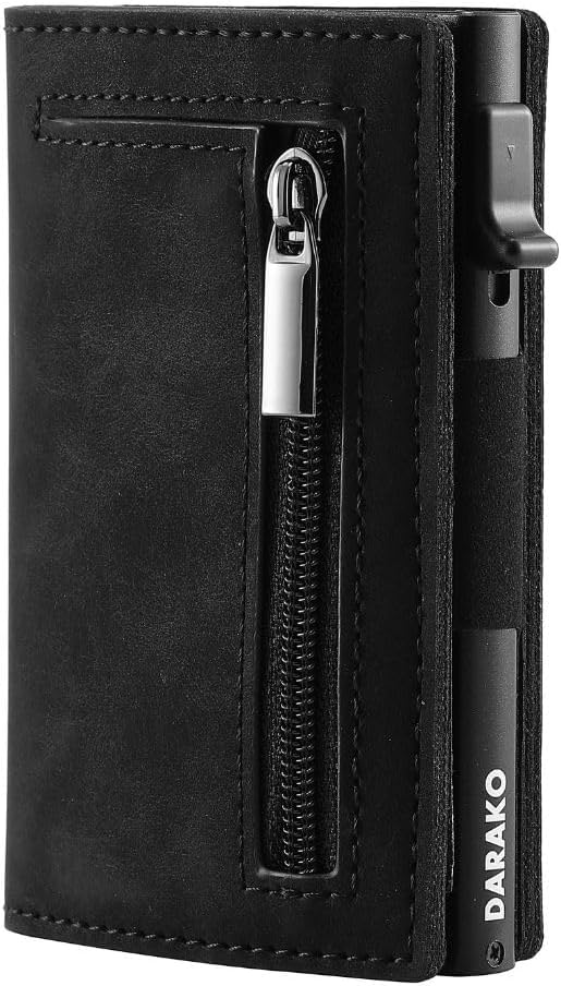 Cartera delgada de cuero y aluminio con deslizamiento mediante botón pulsador y bloqueo RFID
