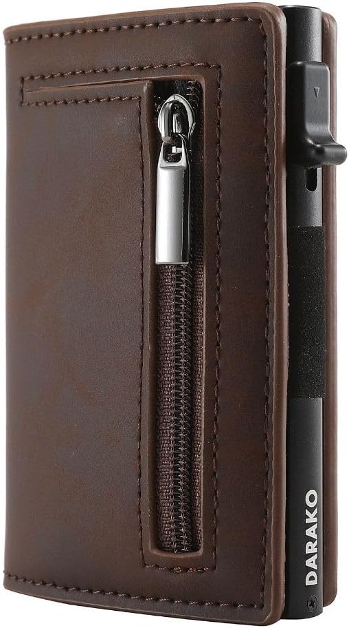 Cartera delgada de cuero y aluminio con deslizamiento mediante botón pulsador y bloqueo RFID