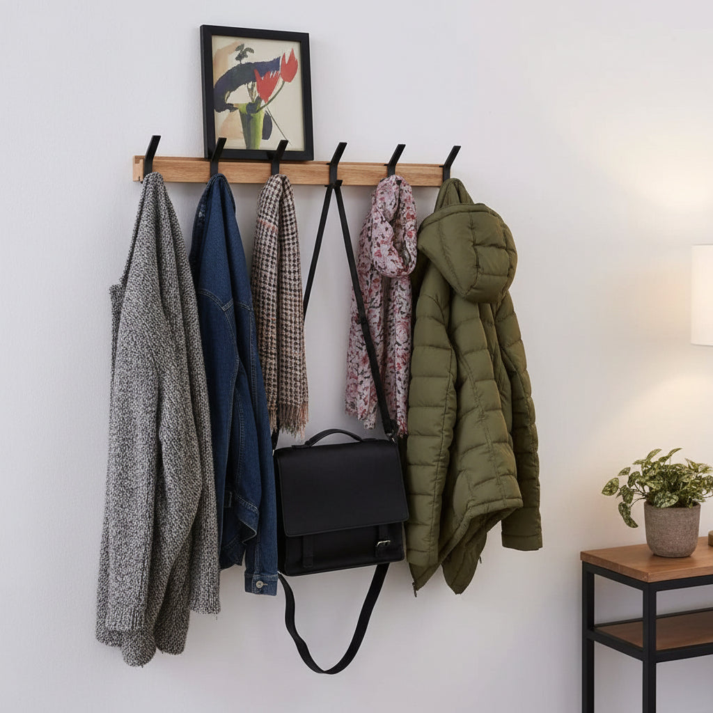 Perchero de pared de madera escandinavo minimalista con ganchos móviles