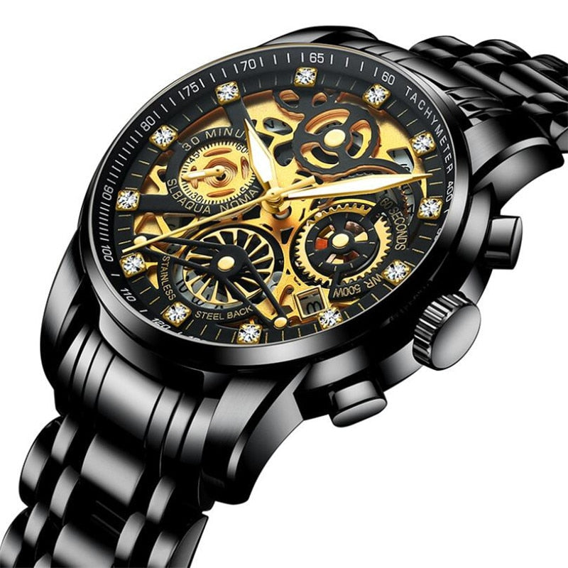 Reloj de hombre mecánico automático de acero inoxidable con esfera esquelética transparente