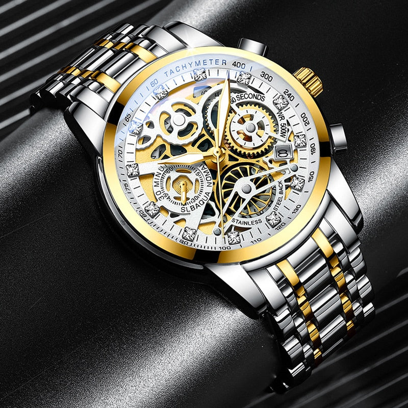 Reloj de hombre mecánico automático de acero inoxidable con esfera esquelética transparente