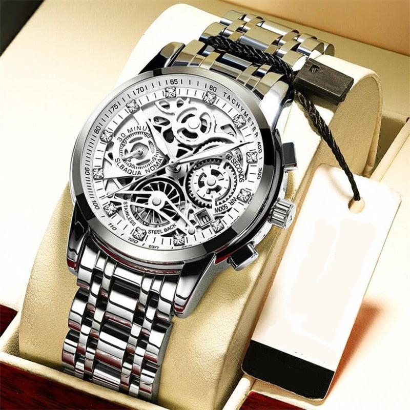Reloj de hombre mecánico automático de acero inoxidable con esfera esquelética transparente