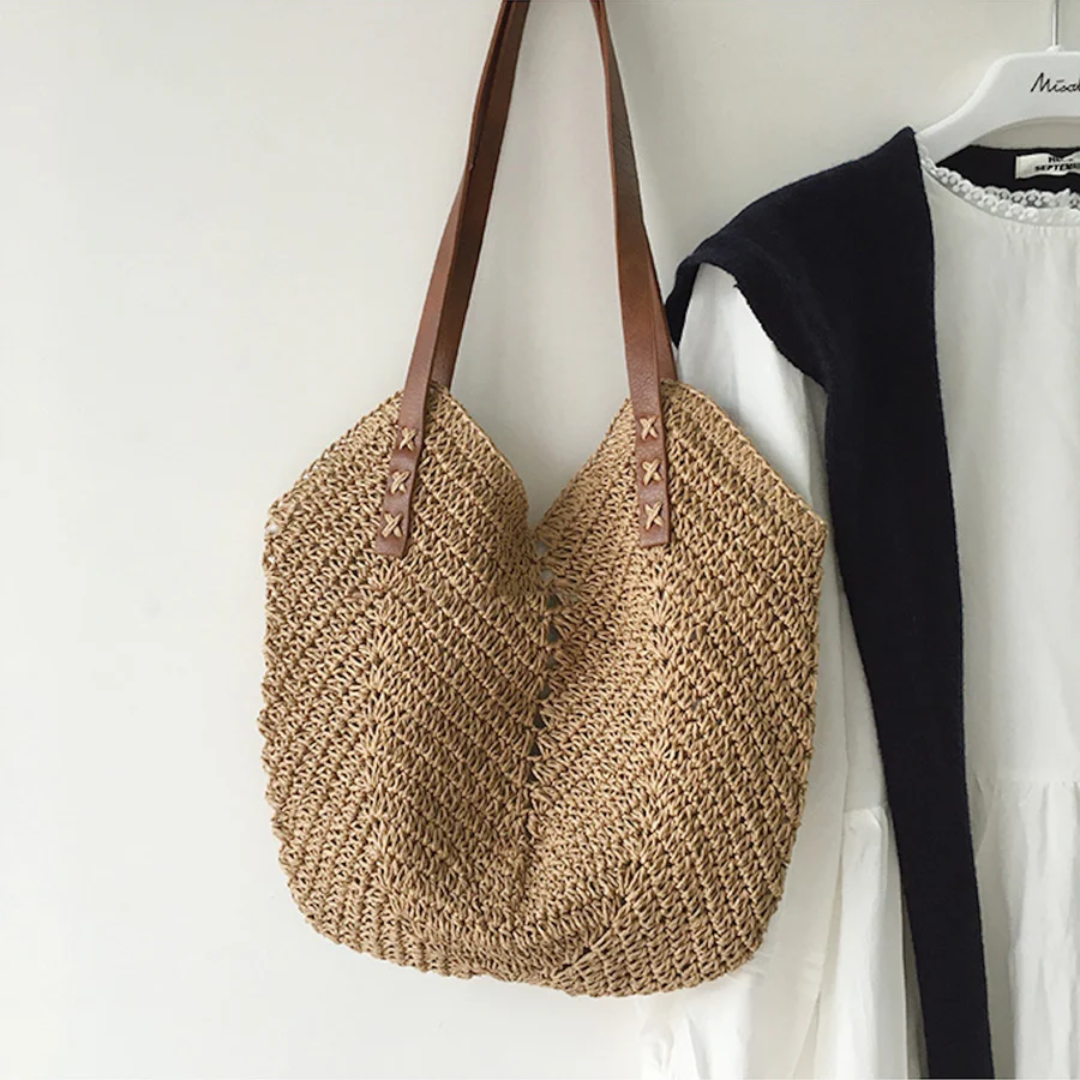 Bolso de hombro tejido informal con correa ajustable y gran capacidad para mujer