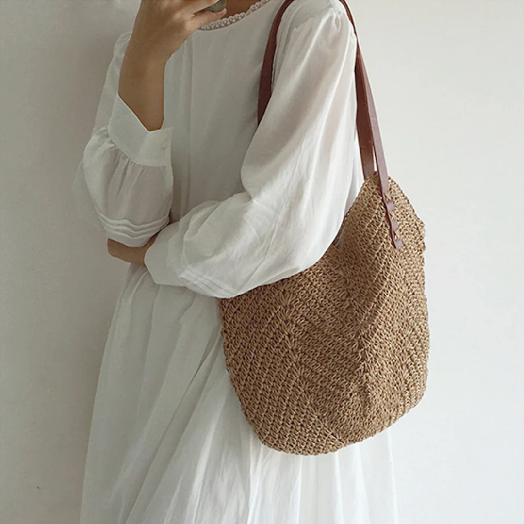 Bolso de hombro tejido informal con correa ajustable y gran capacidad para mujer