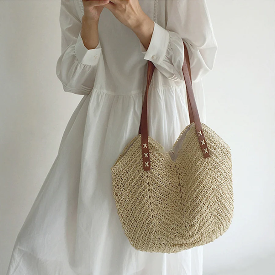 Bolso de hombro tejido informal con correa ajustable y gran capacidad para mujer