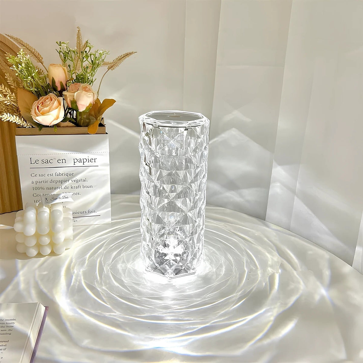 Lámpara de mesa ambiental de cristal brillante, con control táctil, regulable y recargable