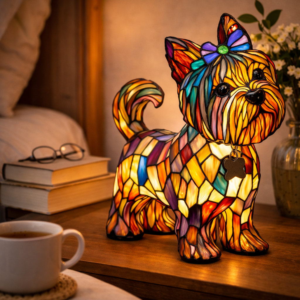 Lámpara de mesa decorativa de dormitorio con perro de vidrio emplomado tipo mosaico