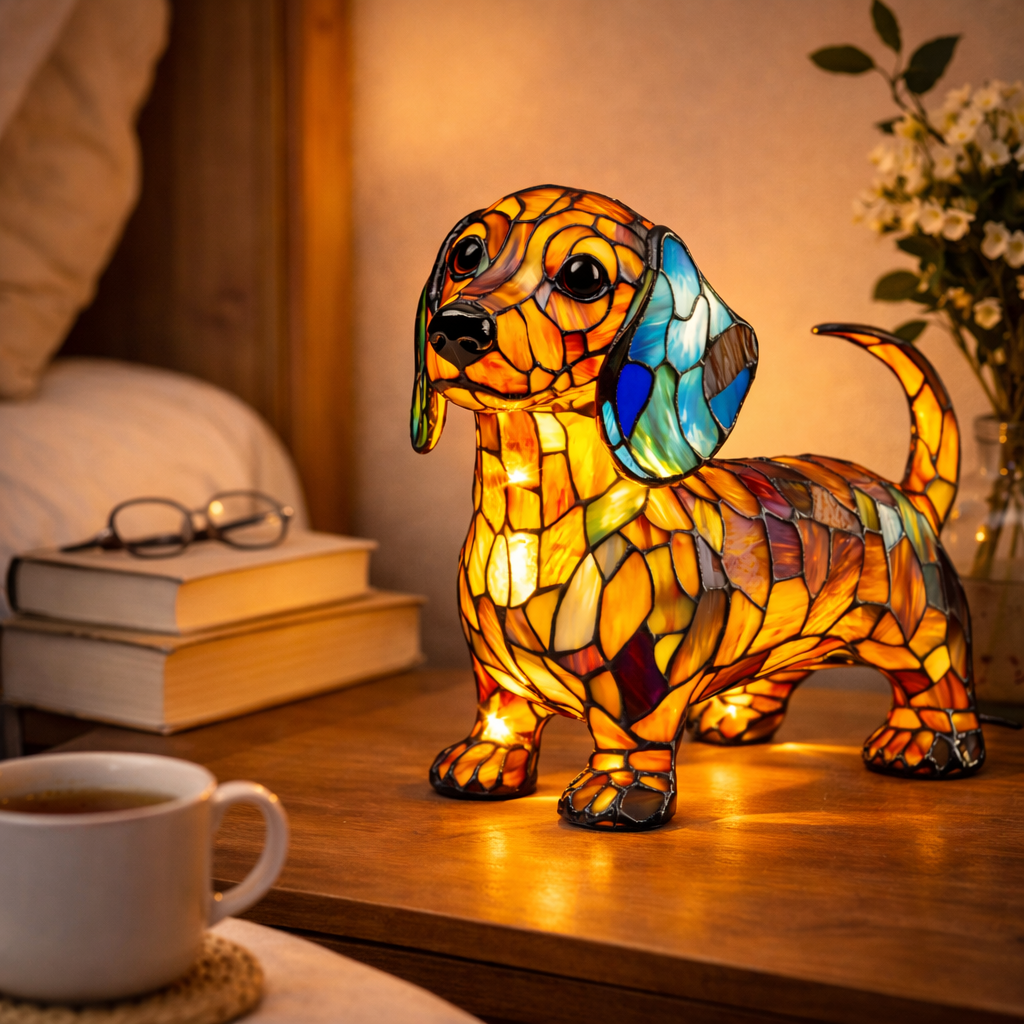 Lámpara de mesa decorativa de dormitorio con perro de vidrio emplomado tipo mosaico